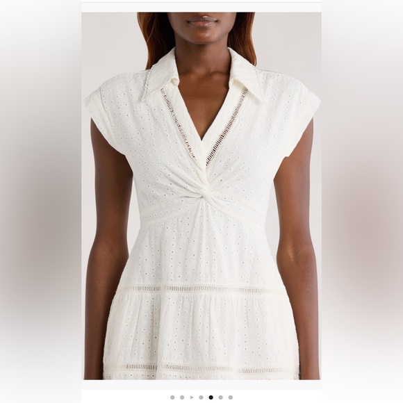 Alice + Olivia Mila Deep V-Neck Cotton & Linen Eyelet Minidress white 6 or 8 NWT - Picture 4 of 6